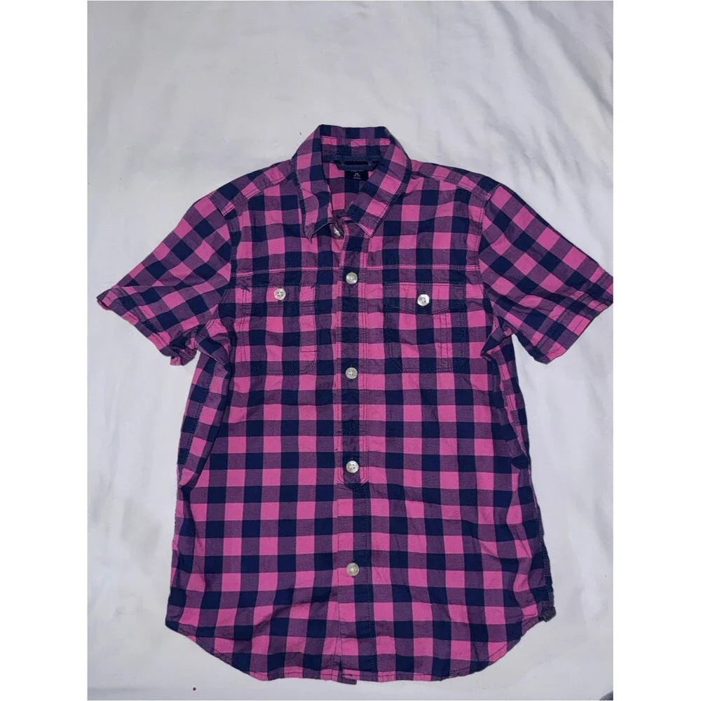 GAP Men's Pink & Navy Check Short-Sleeve Button-Down Shirt